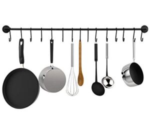 greenco pot and pan wall mounted rail hanger racks| cookware set and storage organization| 15-hook hanging rack | black pots and pans organizer | great for kitchen shelf