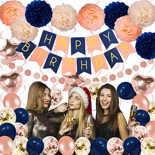 Navy Rose Gold Birthday Decorations 61 Pieces Balloon kit with foil Balloons,Flower Pompoms,Round String Suit for 1st 16th 21th 25th 30th 35th 40th, Women Grils Navy Rose Gold Birthday Party1