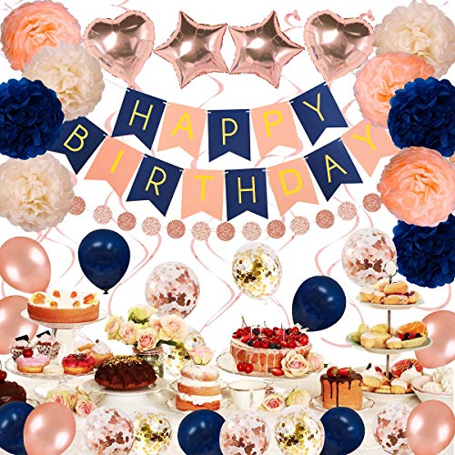 Navy Rose Gold Birthday Decorations 61 Pieces Balloon kit with foil Balloons,Flower Pompoms,Round String Suit for 1st 16th 21th 25th 30th 35th 40th, Women Grils Navy Rose Gold Birthday Party1