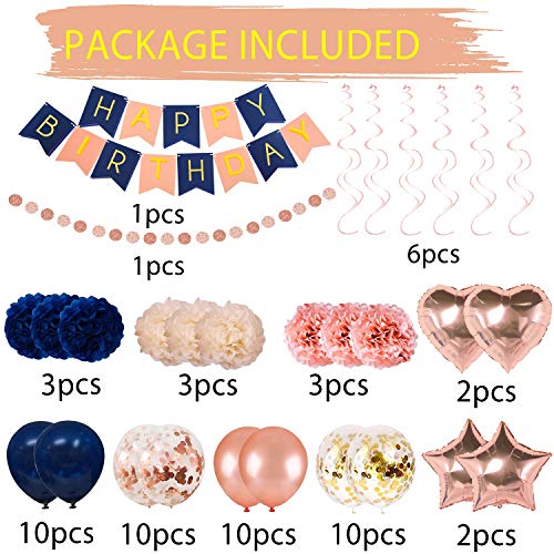 Navy Rose Gold Birthday Decorations 61 Pieces Balloon kit with foil Balloons,Flower Pompoms,Round String Suit for 1st 16th 21th 25th 30th 35th 40th, Women Grils Navy Rose Gold Birthday Party1