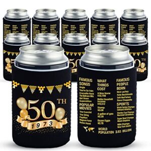 yangmics 50th birthday can cooler sleeves pack of 12- 50th anniversary decorations- 1973 sign – 50th birthday party supplies – black and gold fiftieth birthday cup coolers