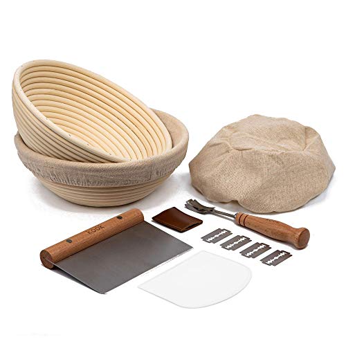 Proofing Set, by Kook, Sourdough Bread, 2 Rattan Banneton Baskets, 2 Basket Covers, Metal Scraper, Plastic Scraper, Scoring Lame, 5 Blades and Case, Round Shape