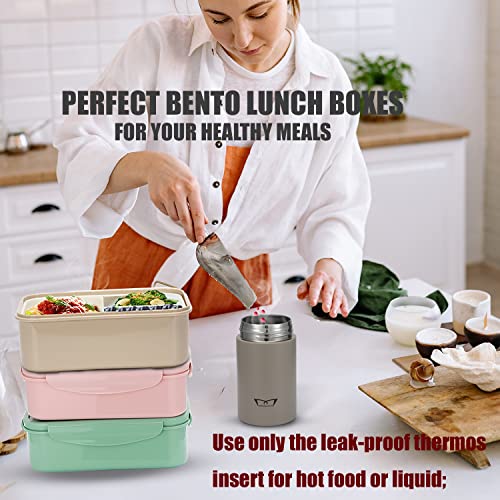 Mr.Dakai Bento Box for Kids Adults Lunch Box Containers & Leak-proof Insulated Hot Thermoses Food Jar Soup Container - BPA-Free Salad Snack Boxes with Spoon Fork/Bag, Microwave Safe, Khaki