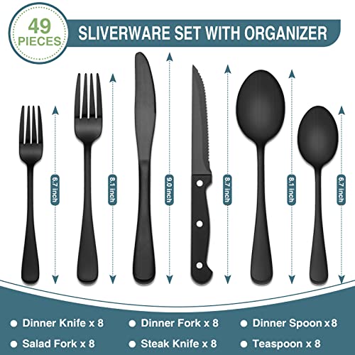 Black Silverware Set, Umite Chef 49-Piece Flatware Set with Drawer Organizer, Durable Stainless Steel Cutlery Set for 8, Tableware Eating Utensils with Steak Knives, Utensil Sets for Home Restaurant