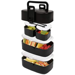 wagindd bento box – leak-proof stacking lunch boxes with 4 compartments – bpa-free, dishwasher & microwave safe toddler & adult lunchbox, lunch containers for kids and adults (black handle)