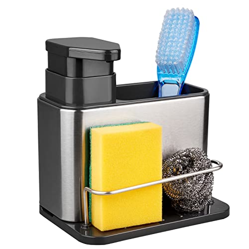 RedCall Soap Dispenser for Kitchen Sink, 3-in-1 Sponge Holder for Kitchen Sink Caddy, Stainless Steel Kitchen Sink Organizer Tray Drainer Rack, Rustproof Dish Soap Dispenser Brush Holder Countertop