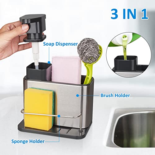 RedCall Soap Dispenser for Kitchen Sink, 3-in-1 Sponge Holder for Kitchen Sink Caddy, Stainless Steel Kitchen Sink Organizer Tray Drainer Rack, Rustproof Dish Soap Dispenser Brush Holder Countertop