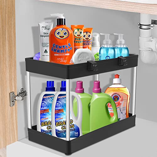 Piashow Under Sink Organizer, 2-Tier Under Sink Storage Organizer, Bath Collection Basket with 4 Hooks, Multi-purpose Bathroom Standing Rack, Storage Shelf for Kitchen (Black)