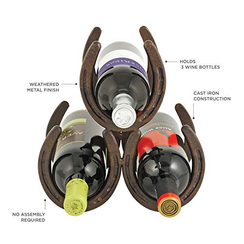 Foster & Rye Horseshoe Countertop Metal Wine Rack, Cast Iron Wine Bottle Holder, Holds 3 Standard Wine Bottles, 10" x 5.5" x 8.5"