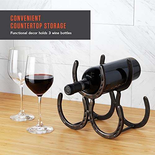 Foster & Rye Horseshoe Countertop Metal Wine Rack, Cast Iron Wine Bottle Holder, Holds 3 Standard Wine Bottles, 10" x 5.5" x 8.5"