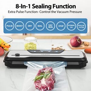 Vacuum Sealer Machine with Starter Kit, Beelicious 8-In-1 Powerful Food Vacuum Sealer, with Pulse Function, Moist&Dry Mode and External VAC for Jars and Containers | Build-in Cutter | LED Indicator | Quiet Operation | Easy to Clean | Slim Compact design |