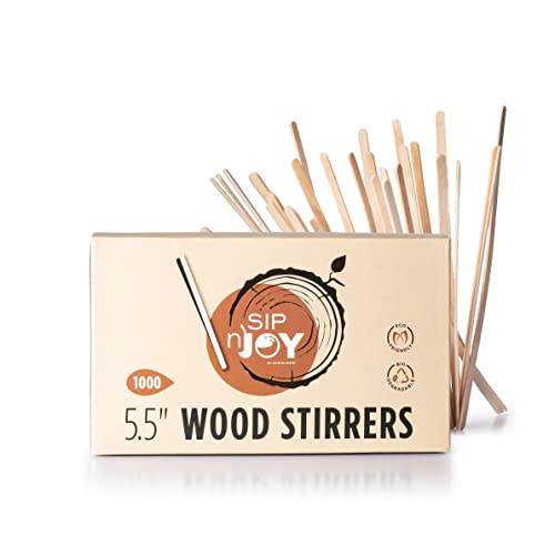 Wood Coffee Stirrers Stir Sticks - 1,000 Biodegradable Disposable Wooden Beverage Mixer with Round Ends, Made with Natural Birch Wood, Eco-Friendly BPA Free Swizzle Drinks Sticks (5.5 Inch)