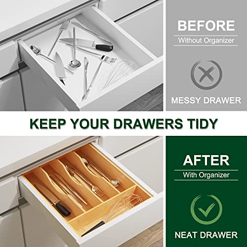 Bellsal Utensil Organizer 10 Inch Silverware Tray for Drawer Utensil Holder Cutlery Organizer Kitchen Drawer Organizer 5 Compartment Small Narrow Bamboo