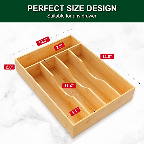 Bellsal Utensil Organizer 10 Inch Silverware Tray for Drawer Utensil Holder Cutlery Organizer Kitchen Drawer Organizer 5 Compartment Small Narrow Bamboo