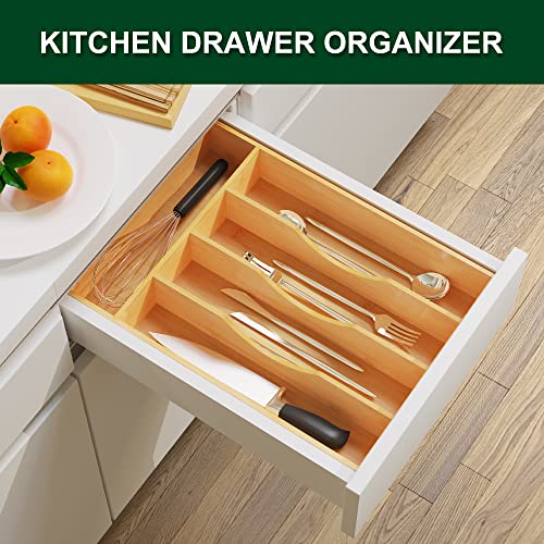 Bellsal Utensil Organizer 10 Inch Silverware Tray for Drawer Utensil Holder Cutlery Organizer Kitchen Drawer Organizer 5 Compartment Small Narrow Bamboo