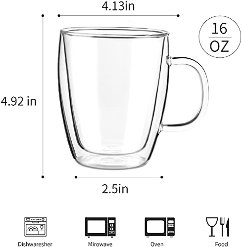 YUNCANG Double Wall Glass Coffee mugs, (4-Pcak) 16 Ounces-Clear Glass Coffee Cups with Handle,Insulated Coffee Glass,Cappuccino Cups,Tea Cups,Latte Cups,Beverage Glasses Heat Resistant