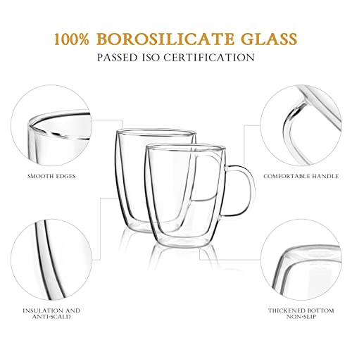 YUNCANG Double Wall Glass Coffee mugs, (4-Pcak) 16 Ounces-Clear Glass Coffee Cups with Handle,Insulated Coffee Glass,Cappuccino Cups,Tea Cups,Latte Cups,Beverage Glasses Heat Resistant