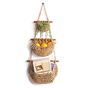 hanging fruit basket,3 tier over the door organizer, handmade woven jute wall hanging baskets for organizing, boho wall basket decor, storage baskets for kitchen, living & bathroom bedroom