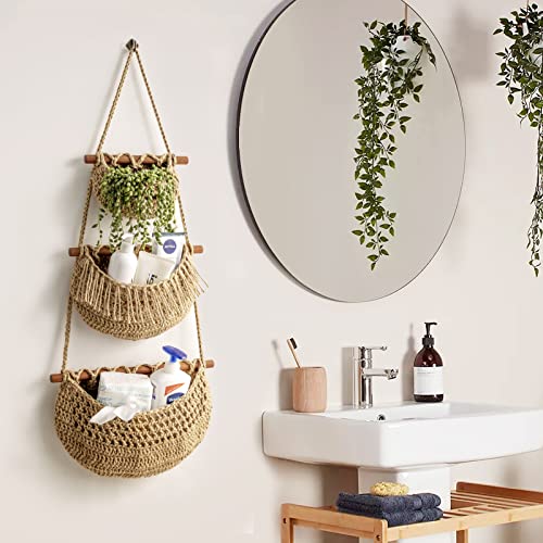 Hanging Fruit Basket,3 Tier Over the Door Organizer, Handmade Woven Jute Wall Hanging Baskets for Organizing, BOHO Wall Basket Decor, Storage baskets for kitchen, Living & Bathroom Bedroom