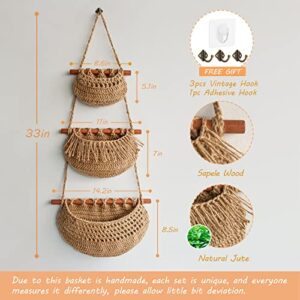 Hanging Fruit Basket,3 Tier Over the Door Organizer, Handmade Woven Jute Wall Hanging Baskets for Organizing, BOHO Wall Basket Decor, Storage baskets for kitchen, Living & Bathroom Bedroom