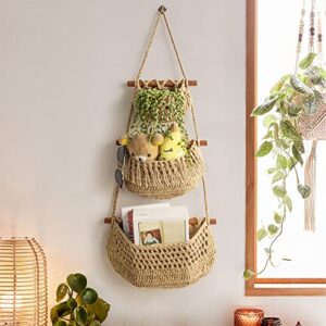 Hanging Fruit Basket,3 Tier Over the Door Organizer, Handmade Woven Jute Wall Hanging Baskets for Organizing, BOHO Wall Basket Decor, Storage baskets for kitchen, Living & Bathroom Bedroom