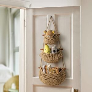 Hanging Fruit Basket,3 Tier Over the Door Organizer, Handmade Woven Jute Wall Hanging Baskets for Organizing, BOHO Wall Basket Decor, Storage baskets for kitchen, Living & Bathroom Bedroom