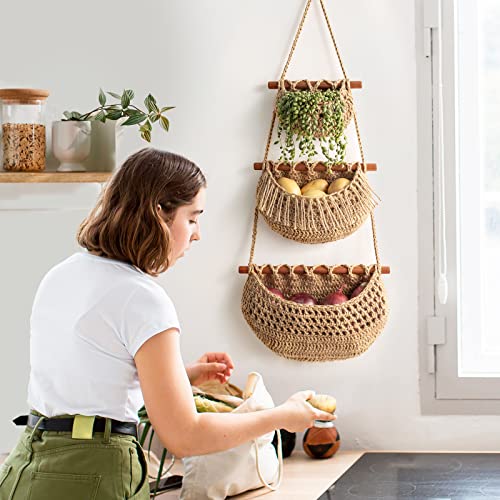 Hanging Fruit Basket,3 Tier Over the Door Organizer, Handmade Woven Jute Wall Hanging Baskets for Organizing, BOHO Wall Basket Decor, Storage baskets for kitchen, Living & Bathroom Bedroom