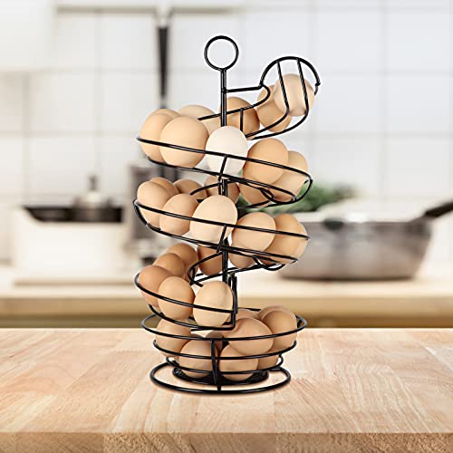 Black Metal Egg Skelter, Spiral Design Egg Dispenser Rack Holder with Storage Basket for Countertop, Kitchen