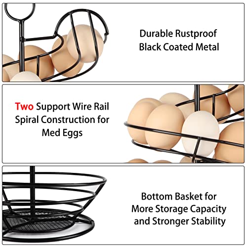 Black Metal Egg Skelter, Spiral Design Egg Dispenser Rack Holder with Storage Basket for Countertop, Kitchen