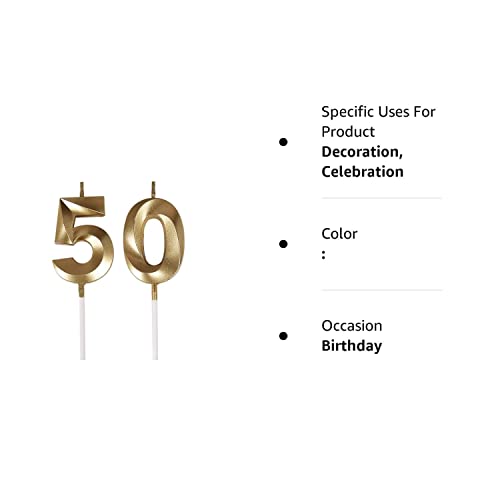 Bailym 50th Birthday Candles,Gold Number 50 Cake Topper for Birthday Decorations Party Decoration