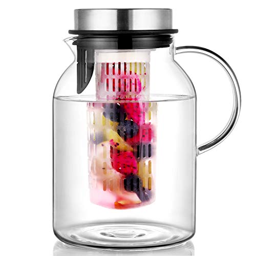 Glass Water Pitcher, Fruit Infuser Pitcher with Removable Lid, High Heat Resistance Infusion Pitcher for Hot/Cold Water, Flavor-Infused Beverage & Iced Tea - 2 Qt