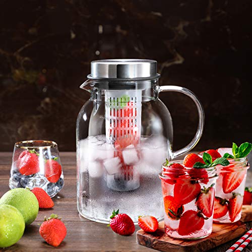 Glass Water Pitcher, Fruit Infuser Pitcher with Removable Lid, High Heat Resistance Infusion Pitcher for Hot/Cold Water, Flavor-Infused Beverage & Iced Tea - 2 Qt