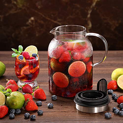 Glass Water Pitcher, Fruit Infuser Pitcher with Removable Lid, High Heat Resistance Infusion Pitcher for Hot/Cold Water, Flavor-Infused Beverage & Iced Tea - 2 Qt