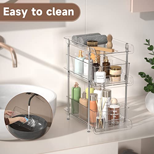 3 Tier Clear Bathroom Organizer with Dividers, Multi-Purpose Pull-Out Pantry Organization and Storage, Under Sink Closet Organizers and Storage, Vanity Skincare Cosmetic Organizer Medicine Bins