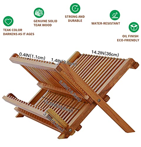 Utoplike Teak Dish Drainer Rack Collapsible 2 Tier Dish Rack Dish Drying Rack Foldable Plate Organizer Holder for Kitchen Compact