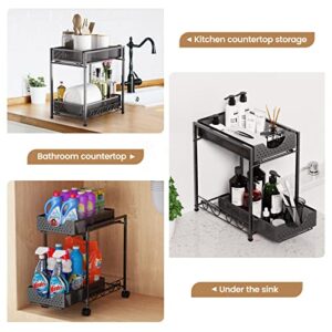 Under Sink Organizers and Storage, Bathroom Cabinet Organizer and Storage, 2 Tier Pull Out Under Cabinet Organizers and Storage, Metal Rolling Kitchen Sink Storage Organizer with Non-slip Feet -2Pack