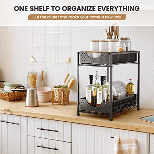 Under Sink Organizers and Storage, Bathroom Cabinet Organizer and Storage, 2 Tier Pull Out Under Cabinet Organizers and Storage, Metal Rolling Kitchen Sink Storage Organizer with Non-slip Feet -2Pack