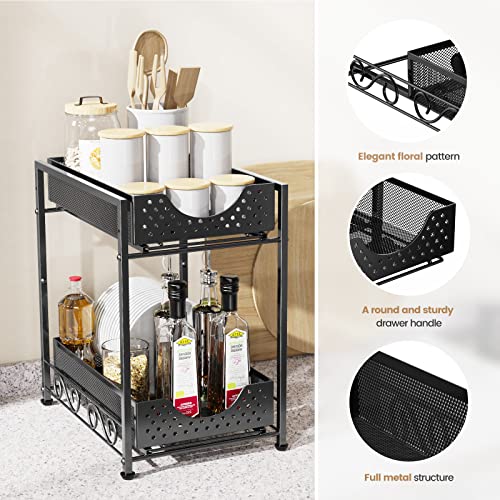 Under Sink Organizers and Storage, Bathroom Cabinet Organizer and Storage, 2 Tier Pull Out Under Cabinet Organizers and Storage, Metal Rolling Kitchen Sink Storage Organizer with Non-slip Feet -2Pack