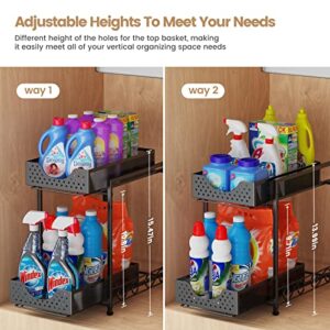 Under Sink Organizers and Storage, Bathroom Cabinet Organizer and Storage, 2 Tier Pull Out Under Cabinet Organizers and Storage, Metal Rolling Kitchen Sink Storage Organizer with Non-slip Feet -2Pack