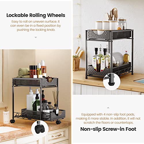 Under Sink Organizers and Storage, Bathroom Cabinet Organizer and Storage, 2 Tier Pull Out Under Cabinet Organizers and Storage, Metal Rolling Kitchen Sink Storage Organizer with Non-slip Feet -2Pack