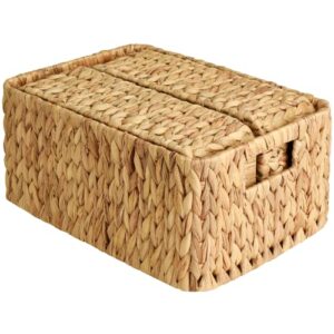 storageworks water hyacinth storage baskets, square wicker baskets with built-in handles, hand-woven baskets for bedroom, bathroom, pantry, shelves, set of 3 (1pc large, 2pcs medium)