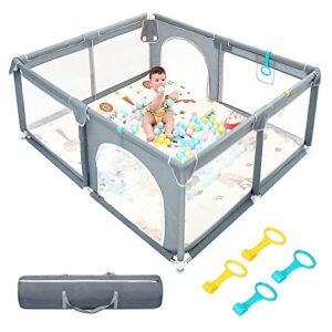 baby playpen,71″x59″ extra large baby playard, playpen for babies with gate, indoor & outdoor kid activity center with anti-slip base, sturdy safety playpen with soft mesh, playpen for toddlers(gray)