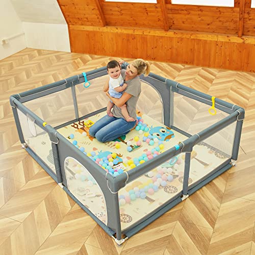 Baby Playpen,71"x59" Extra Large Baby Playard, Playpen for Babies with Gate, Indoor & Outdoor Kid Activity Center with Anti-Slip Base, Sturdy Safety Playpen with Soft Mesh, Playpen for Toddlers(Gray)