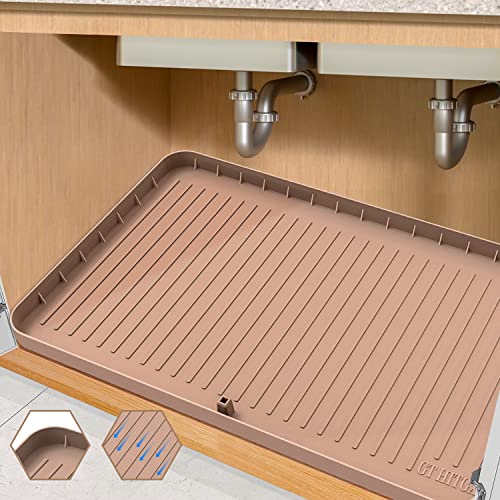 Under Sink Mat, 34" x 22" Under Sink Mats for Kitchen Waterproof - Silicone Under Sink Liner Drip Tray with Drain Hole, Sink Cabinet Protector Mat for Kitchen & Bathroom (Khaki)