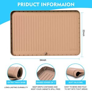 Under Sink Mat, 34" x 22" Under Sink Mats for Kitchen Waterproof - Silicone Under Sink Liner Drip Tray with Drain Hole, Sink Cabinet Protector Mat for Kitchen & Bathroom (Khaki)