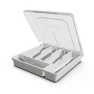 qinol silverware tray with lid, utensil drawer organizer for kitchen countertop plastic flatware organizers and storage holder 5 compartments white