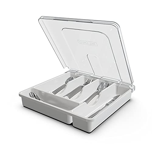 QINOL Silverware Tray with Lid, Utensil Drawer Organizer for Kitchen Countertop Plastic Flatware Organizers and Storage holder 5 Compartments White