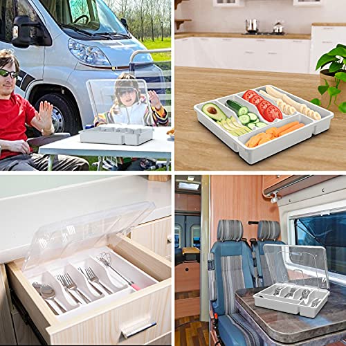 QINOL Silverware Tray with Lid, Utensil Drawer Organizer for Kitchen Countertop Plastic Flatware Organizers and Storage holder 5 Compartments White