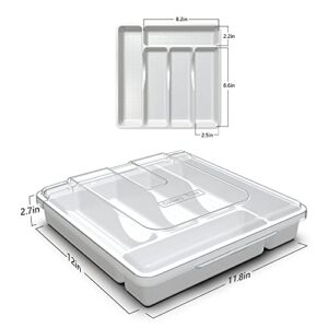 QINOL Silverware Tray with Lid, Utensil Drawer Organizer for Kitchen Countertop Plastic Flatware Organizers and Storage holder 5 Compartments White