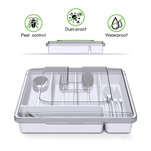 QINOL Silverware Tray with Lid, Utensil Drawer Organizer for Kitchen Countertop Plastic Flatware Organizers and Storage holder 5 Compartments White